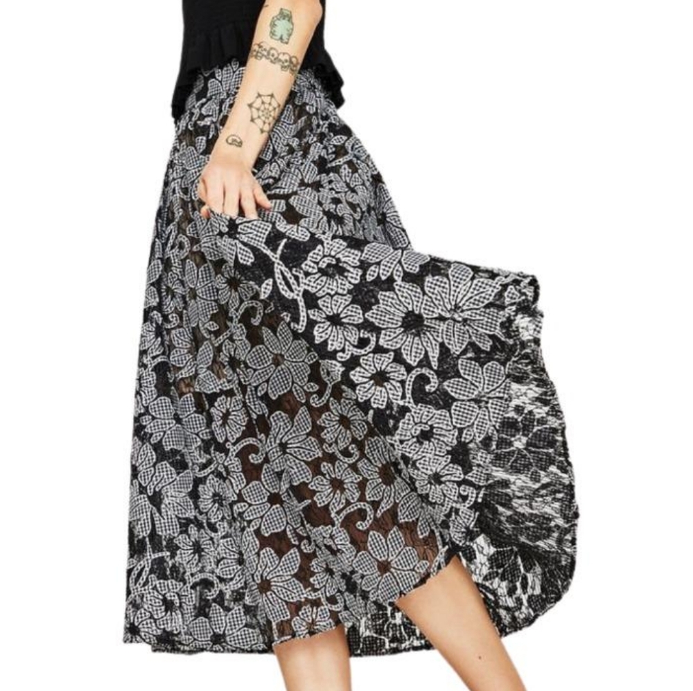 Zara Gingham & Lace Floral Applique Midi Skirt